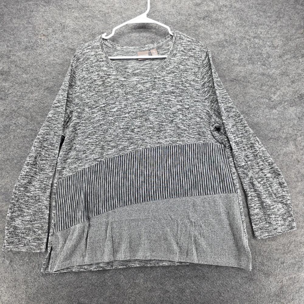 Chico's Sweater Tunic Womens 3 Gray Striped Round Neck Knit Stretch Relaxed